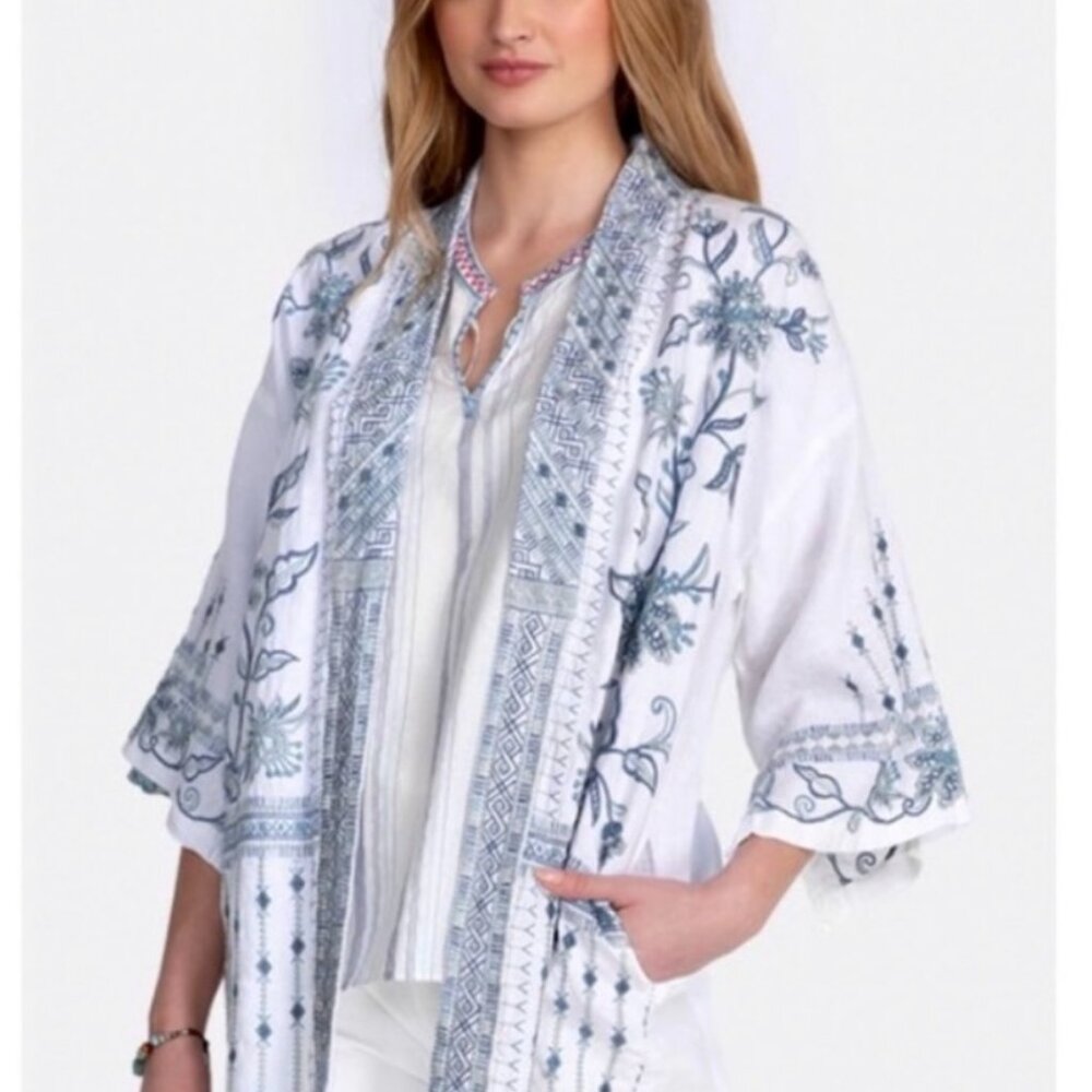 JOHNNY WAS Maike Embroidered Linen Kimono Sz SMALL Blue White Pockets New W/Tags